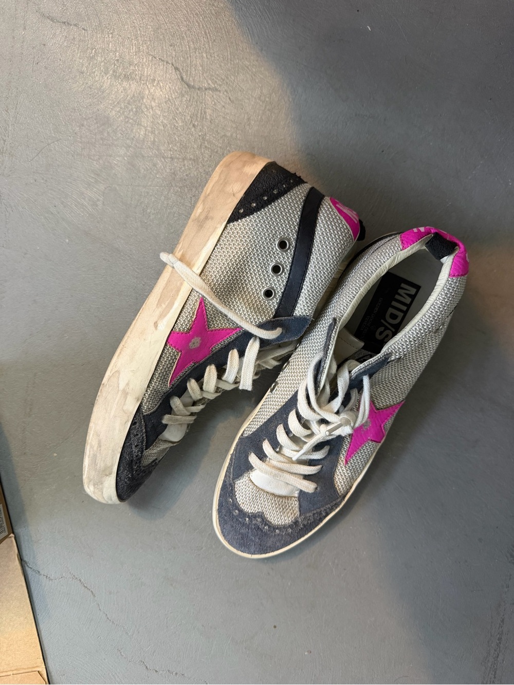 Golden Goose Grey Mesh Sneakers with Pink Star and Black Accents